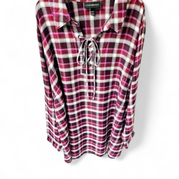 LANE BRYANT Plus Size Long sleeve Shimmery Plaid Top With Tie Front Closure. - Picture 14 of 14